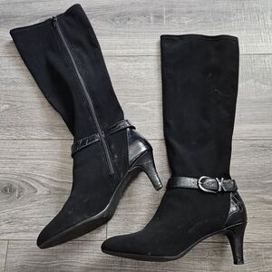 Alex Marie Black Faux Croc Stretch Knee High Heel Buckle Zip Up Riding Boots 8.5